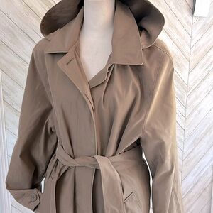 London Fog Long Belted Classic Trench Coat Tan Detachable hood Womens Size L